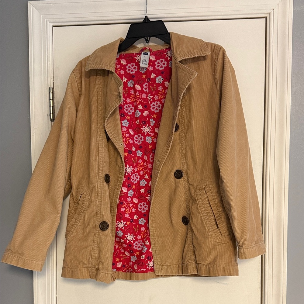 GAP Kids Tan Pea Coat with Red Floral Interior